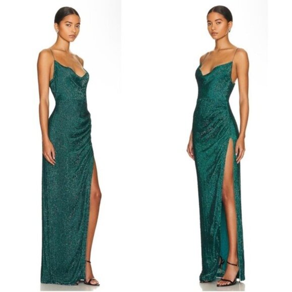 Retrofete Katya Dress Green Sz Small Sequins Gown Cowl Neckline High Slit $795 - Picture 11 of 12